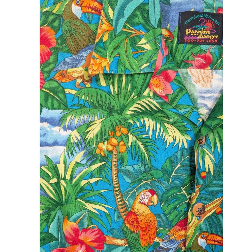 Paradise on a Hanger Men's L Hawaiian Shirt‎ Tropical Parrot Birds Palms Vintage